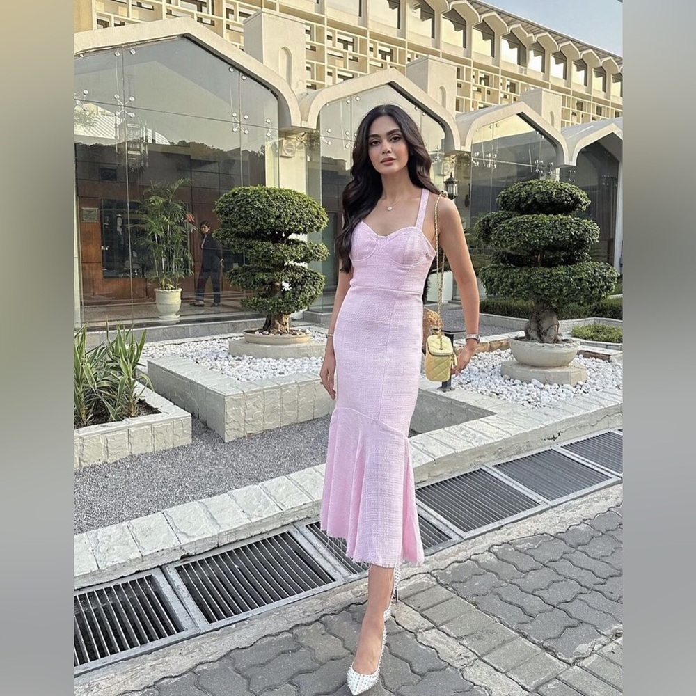 NEW ZARA large powder pink textured ruffle corset midi dress